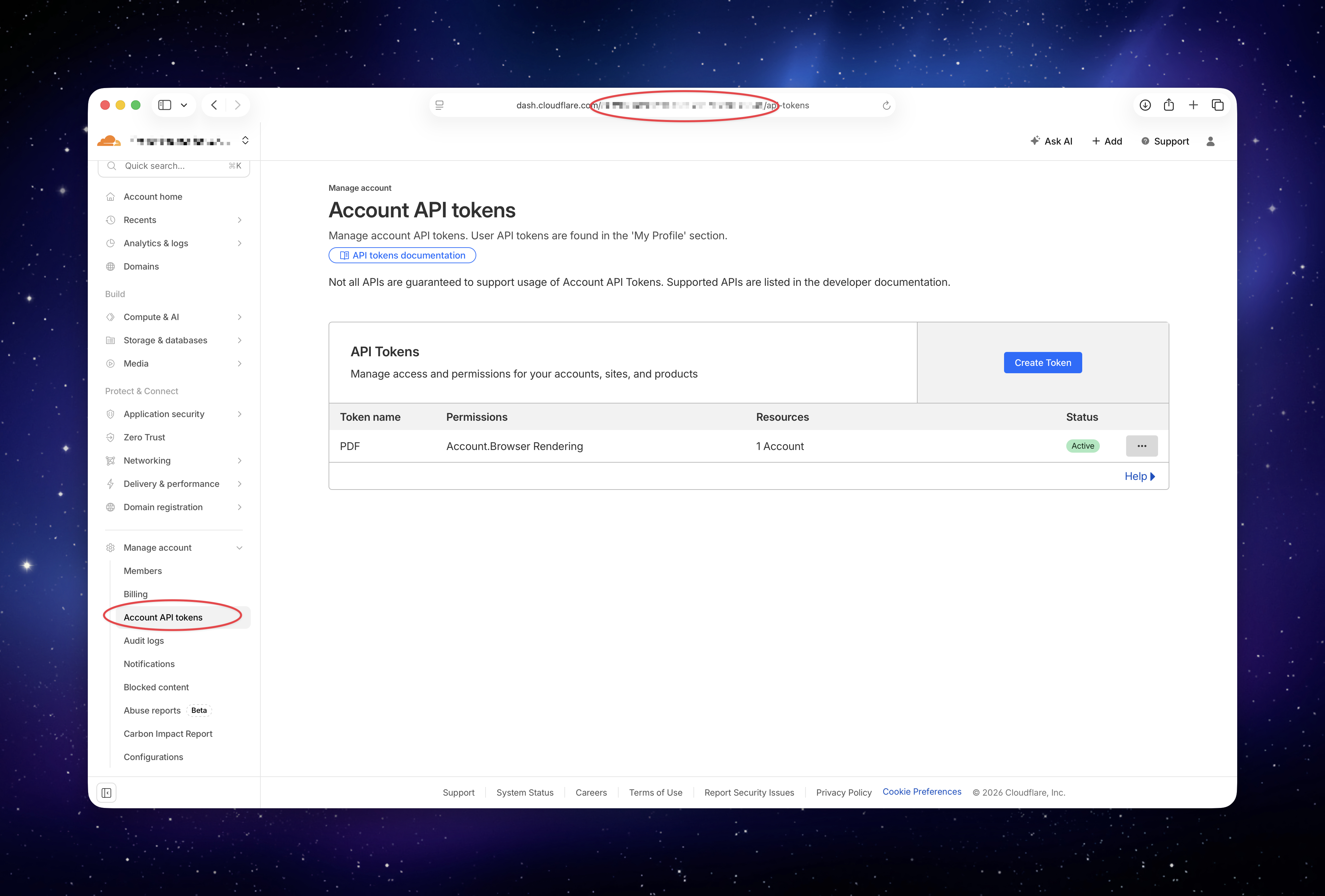 Cloudflare API tokens page